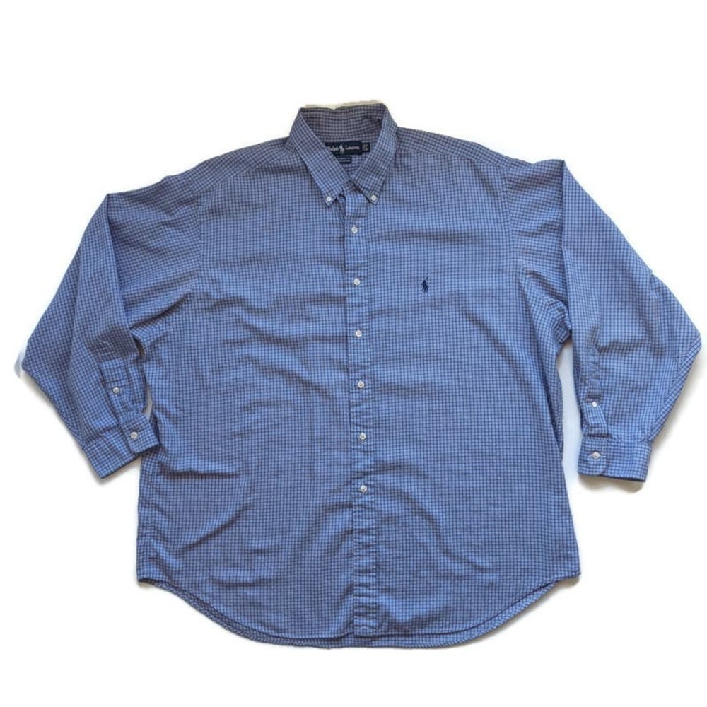 Vintage Men's Ralph Lauren Blue Plaid Shirt 18 35 Yarmouth Button Down Cotton